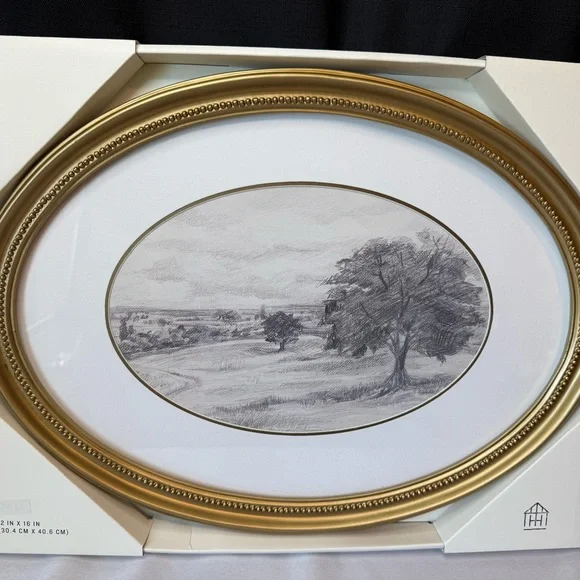 Hearth & Hand Horizontal Oval Gold Framed Landscape Sketch Wall Art 12”x16” NIP - Picture 3 of 8